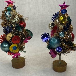 Vintage Christmas Set Of Two Colorful Wiry Bling Bottlebrush Trees
